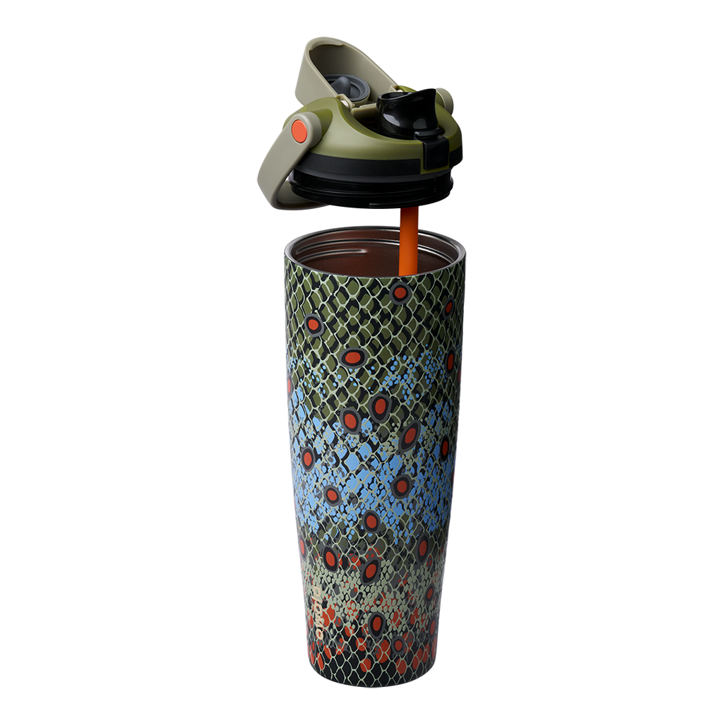 Owala FreeSip Sway 40oz in Off the Hook, fish-scale patterned body in olive green, blue, and orange with olive flip cap lifted above the bottle showing orange straw