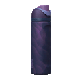 Owala FreeSip 24oz in Arctic Storm, exploded view showing the deep purple body, navy lid with periwinkle carry loop, deep purple flip cap with periwinkle FreeSip spout, and lavender silicone straw